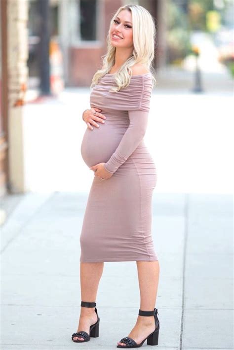 Off The Shoulder Ruched Dress With Long Sleeves Maternity Dresses Fall Maternity Outfits