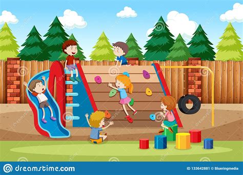 Children Playing In Playground Stock Vector Illustration Of Blue