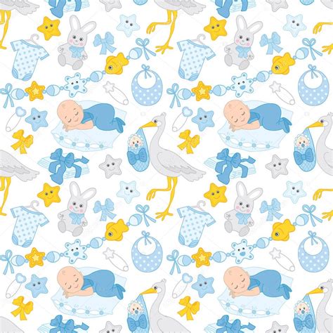 Vector Seamless Pattern With Baby Boy Stork And Toys Seamless Pattern