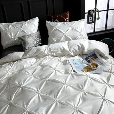 Pinch Pleated Bedding White Silk Like Satin Duvet Cover Set Pintuck