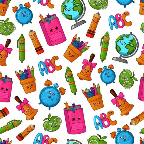 Seamless Pattern With Kawaii School Supplies Background Character
