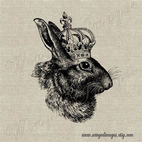 rabbit with crown instant download digital image no 311 iron on transfer to fabric burlap