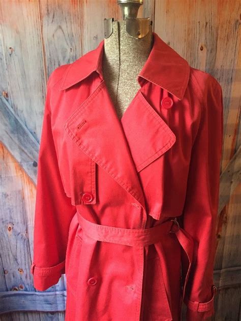 Vintage Womens Red Button Up Belted Trench Coat Jacket Belted Trench