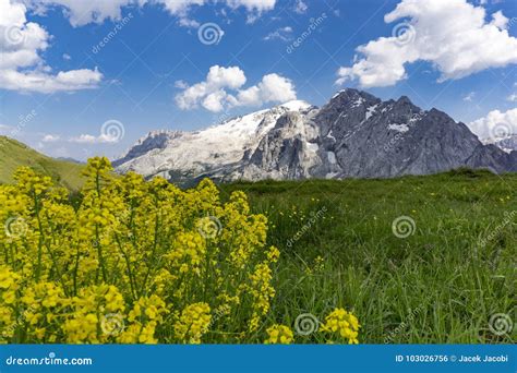 Beautiful View Of The Marmolada Massif In June Dolomites Stock Photo