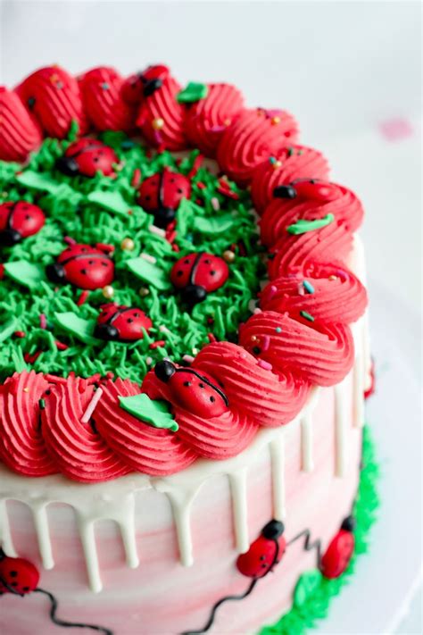A Cake Decorated With Red And Green Frosting Ladybugs On The Top