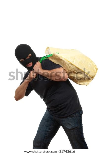 Robber Mask Carries Big Bag Money Stock Photo 31743616 Shutterstock