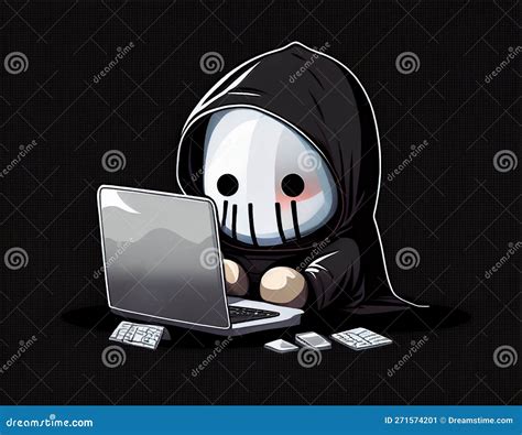 Cute Anonymous Hacker With White Hoodie Using Computer Laptop Concept