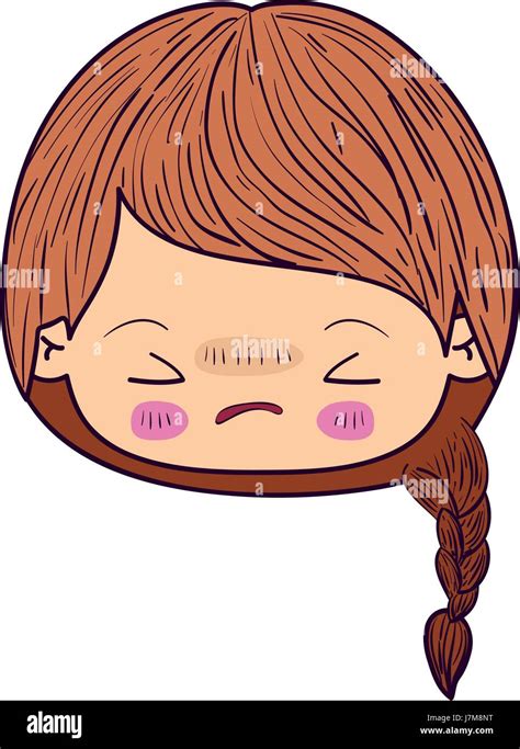 Colorful Caricature Kawaii Face Little Girl With Braided Hair And