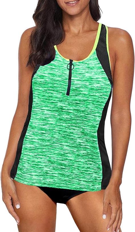 sweetop women s zip front color block tankini top print swimsuits racerback bathing suits with