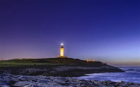 Lighthouse Night Light Coast Beaches Ocean Sea Wallpapers Hd