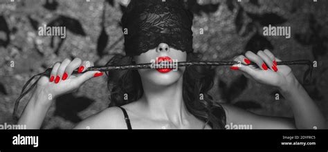Sexy Woman In Blindfold Bite Whip In Lace Eye Blindfold Black And