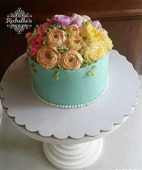 Birthday wishes flower cake ® pastel; Pin by richelle libunao on Mint base floral cake with assorted pastel flowers | Pastel flowers ...
