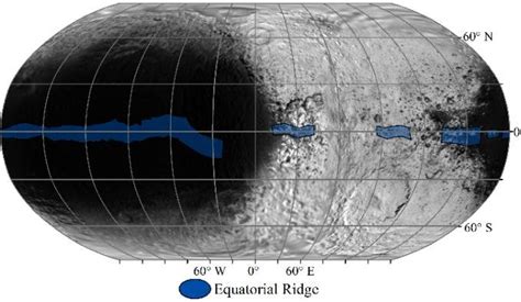 A Map Of Iapetus Showing The Equatorial Ridge In Blue The Map Is In A