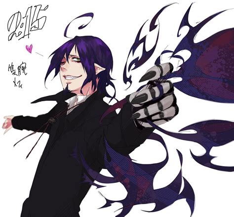 An Anime Character With Purple Hair And Black Clothes Holding His Arms