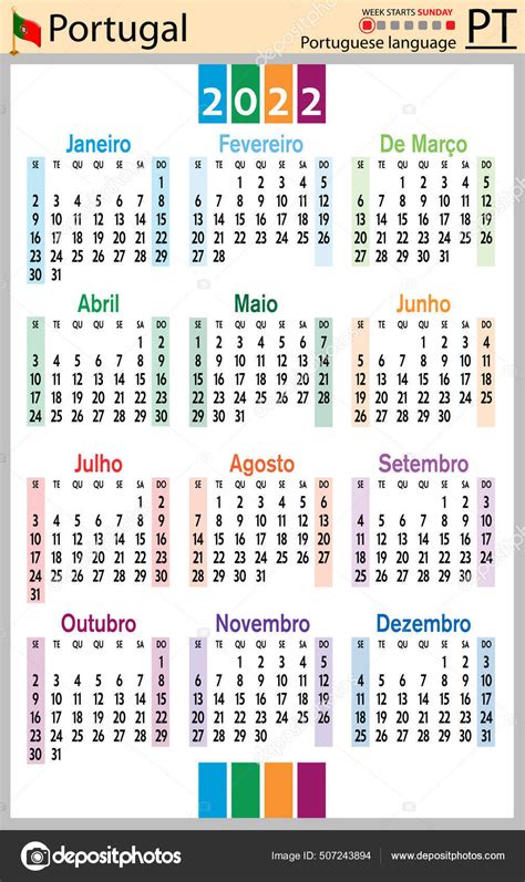 Portuguese Vertical Pocket Calendar 2022 Two Thousand Twenty Two Week