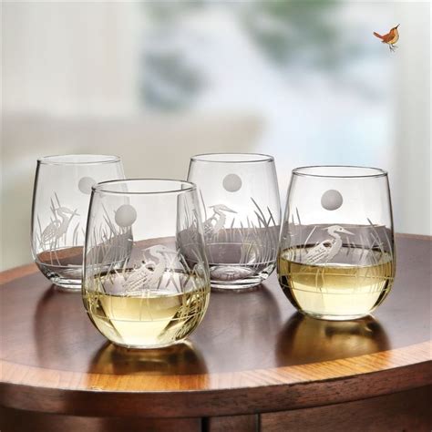 Heron Stemless Wine Glasses Etched Glassware Wine Glasses Stemless Wine Glasses
