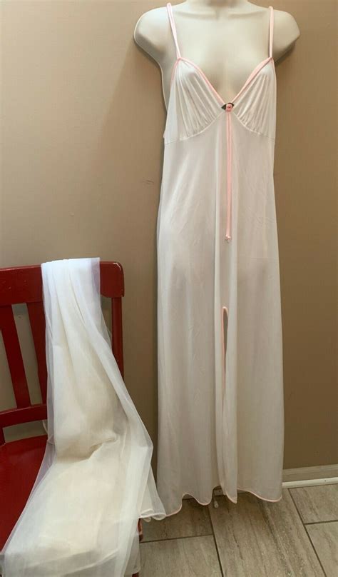 Vintage Val Mode Peignoir Lingerie Gown Robe Medium White Sheer Bridal Pink Trim Specialty