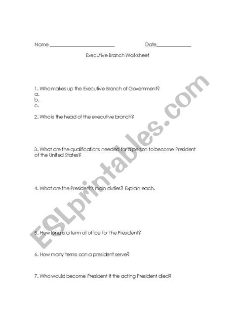Use between two and five words. English worksheets: Executive Branch Worksheet