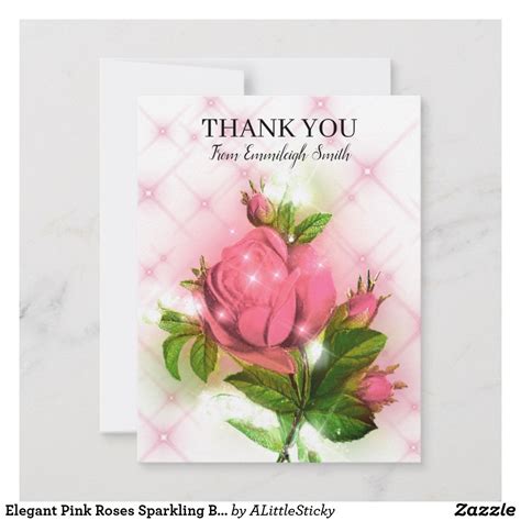 Elegant Pink Roses Sparkling Botanical Thank You Note Card