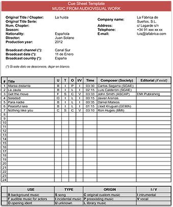 These cue sheets are then matched to broadcast schedules and performances are processed so that members can receive royalties from the use of their if your music is used in a film or television program, it is imperative that a cue sheet is filed with ascap so that you can be paid for your work. What is a cue sheet?