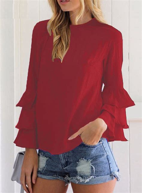 Womens Fashion Solid Long Ruffle Sleeve Pullover Blouse