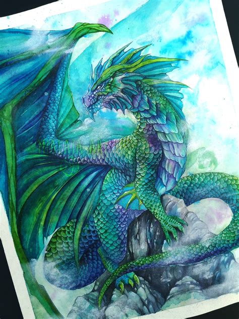Watercolor Clouds Dragon Original Painting Fantasy Art Etsy