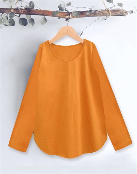Orange Round Neck Long Sleeves Womens T Shirt Atun