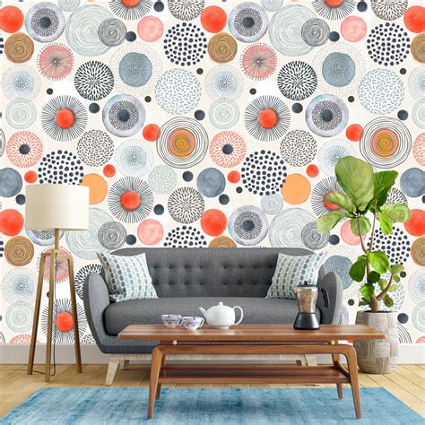 Removable Wallpaper Grey Orange Watercolor Circle Shapes Peel And Stick