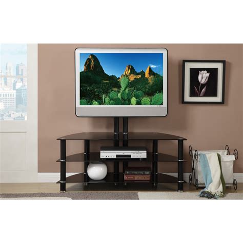 Metal And Glass Tv Stand With Adjustable Height And 3 Shelves Black