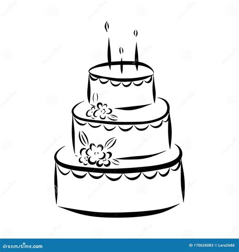 Three Layer Cake With Flowers Color Vector Illustration Hand Drawn