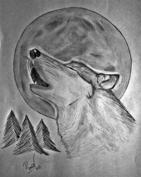 A Drawing Of A Wolf Howling At The Moon