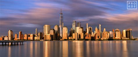 Panoramic Skyline Of Manhattan And World Trade Center At Sunset Long