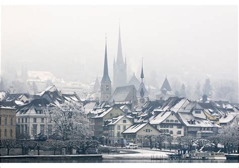 Print Of The Town Of Zug On A Misty Winters Day Switzerland Europe