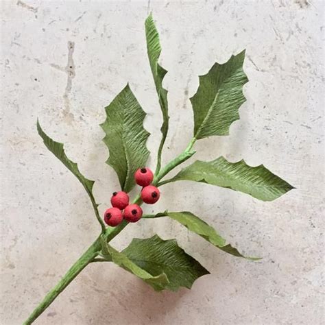 Crepe Paper Holly And Berries Single Stem Holiday Greenery