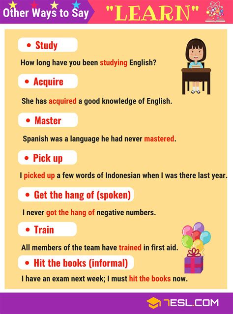 (by extension) in relation to a particular aspect. Synonyms For LEARN In English | Learn Synonyms - 7 E S L