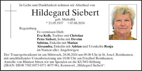 Traueranzeigen Von Hildegard Siebert Mittelbayerische Trauer