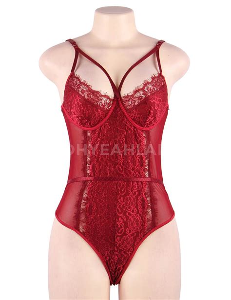 Plus Size Red Lace High Quality Eyelash Lace Splice Sexy Bodysuit Ohyeah