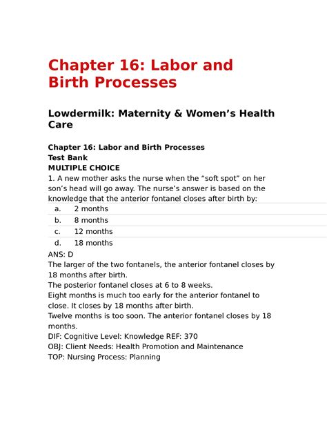 Test Bank Lowdermilk Maternity And Womens Health Care Chapter 16 Labor