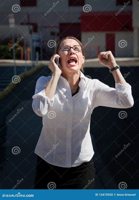 Beautiful Woman Yells Into Cell Phone Stock Photo Image Of Fist