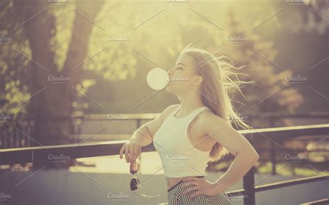 Girl Blowing Bubble Of Gum Featuring Woman Fashion And Party High