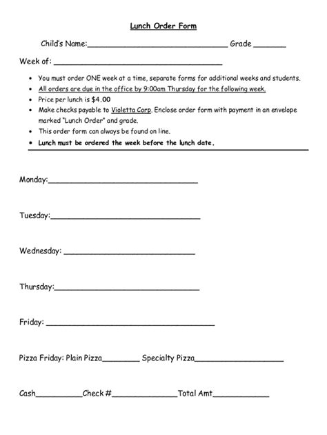 Fillable Online Lunch Order Form Fax Email Print Pdffiller