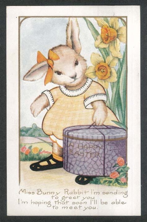 Miss Bunny Rabbit Happy Easter Hatbox Embossed Postcard 1923