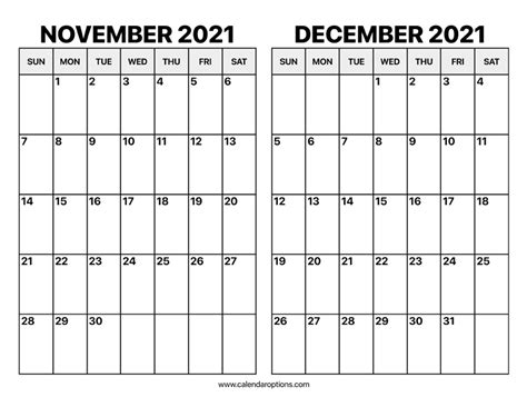 November And December 2021 Calendar Calendar Options
