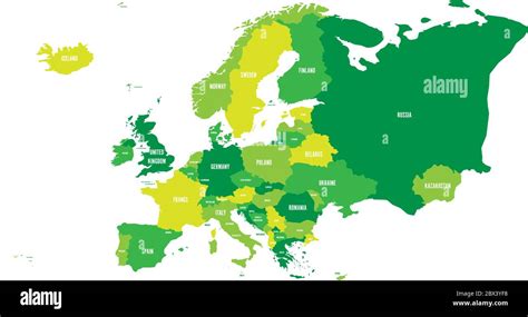 Political Map Of Europe Continent In Four Shades Of Green With White