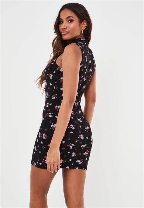 Black Floral High Neck Cut Out Mini Dress | Missguided