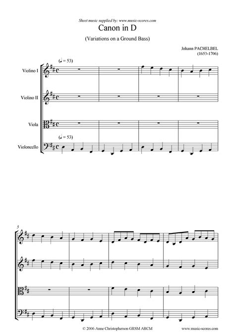 Sheet Music For Canon String Quartet 2 Violins Viola Cello By Johann Pachelbel