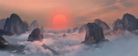 The wu dan mountains (or wudang mountains) is a small mountain range located within the valley of peace. "Kung Fu Panda" C.G. Matte Painting, photoshop cs5.1 ...