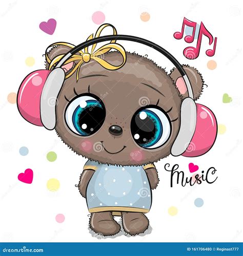 Cartoon Teddy Bear Girl With Pink Headphones On A White Background