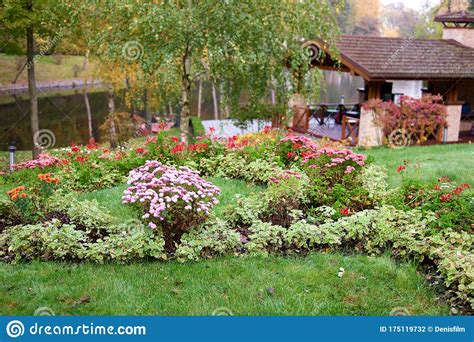 Park Landscape With Flowers Pond And Gazebo Stock Photo Image Of