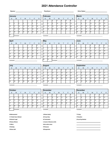 2021 Employee School Attendance Tracker Calendar Employee Etsy